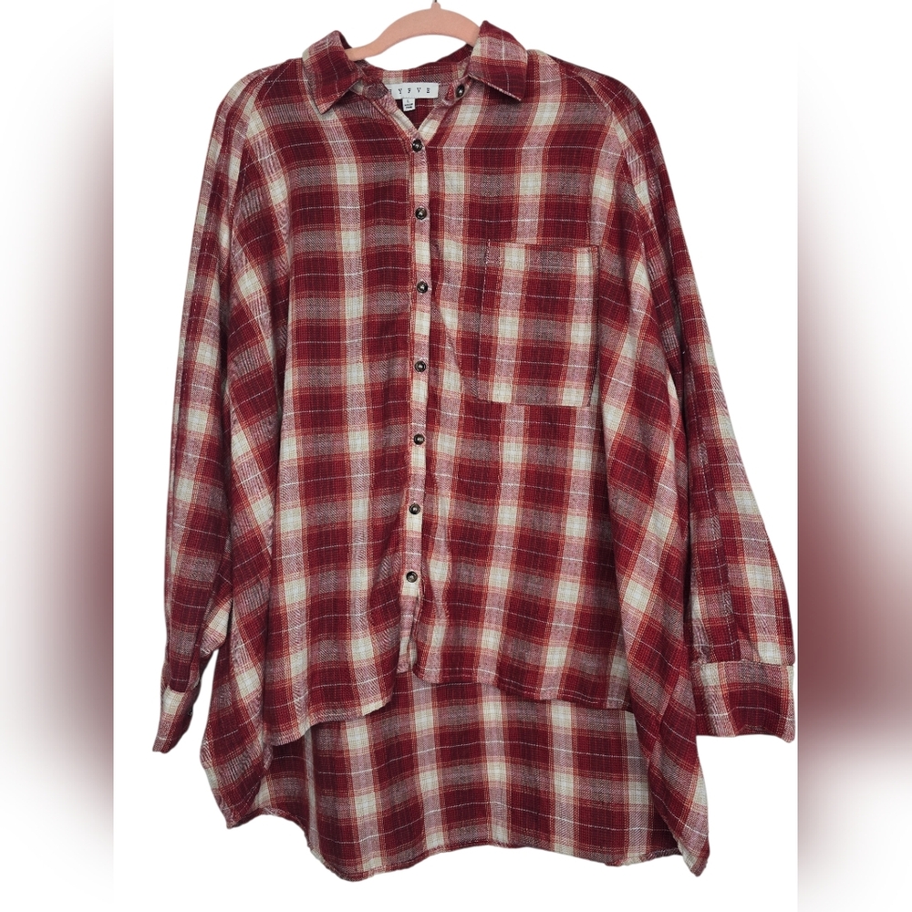 HYFVE red and white plaid button-up flannel oversized high low shirt